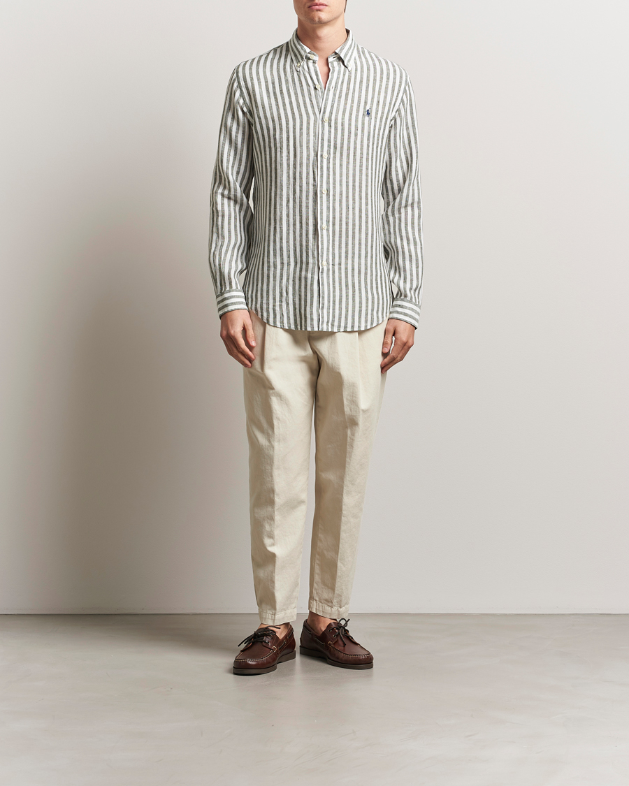 Uomini | Camicie | Polo Ralph Lauren | Custom Fit Striped Linen Shirt New Olive/White