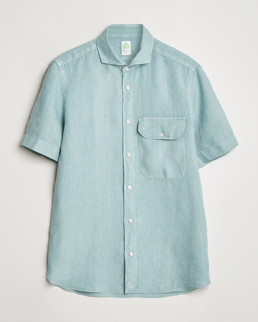 Uomini | Camicie | Finamore Napoli | Linen Short Sleeve Sport Shirt Teal