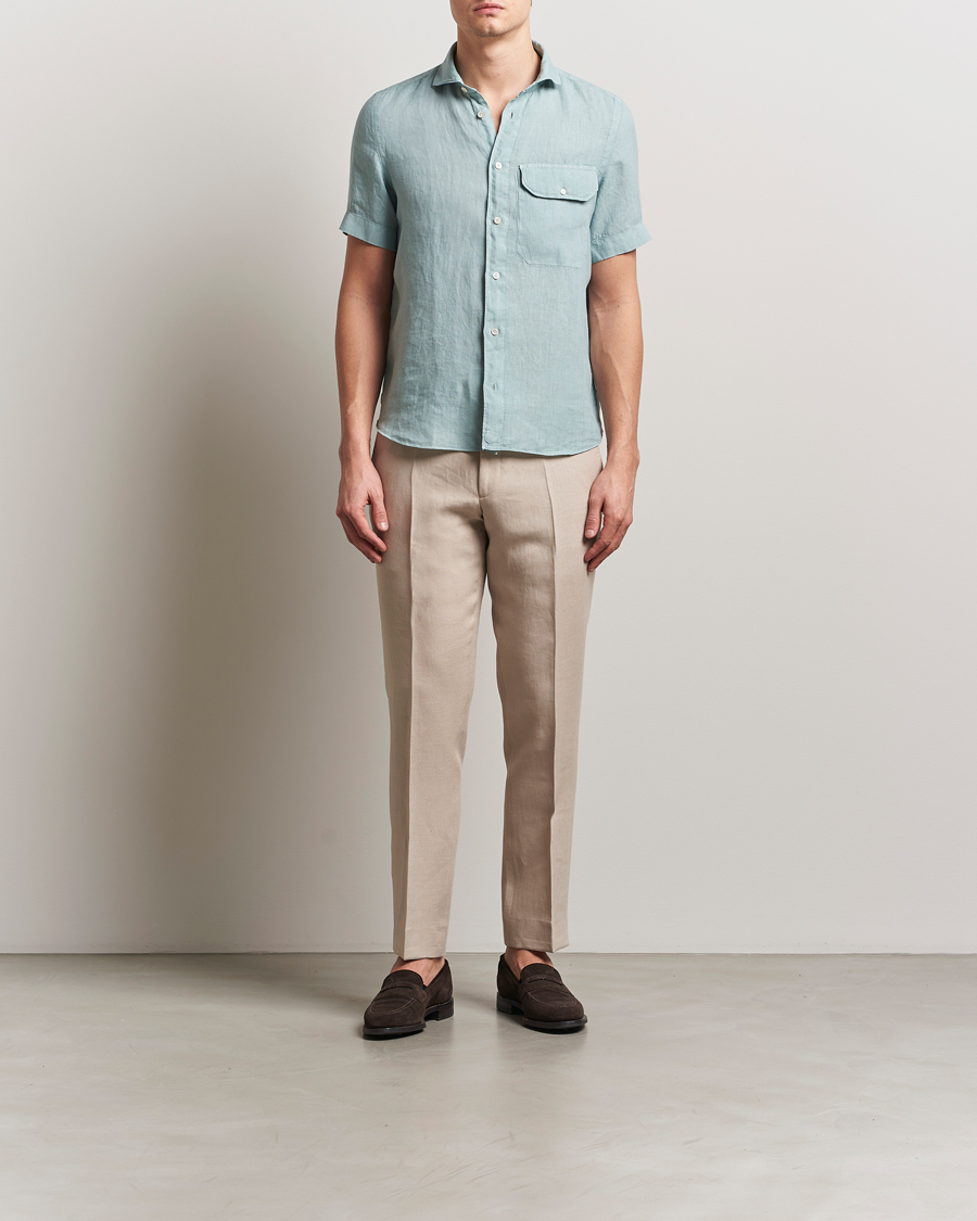 Uomini | Camicie | Finamore Napoli | Linen Short Sleeve Sport Shirt Teal
