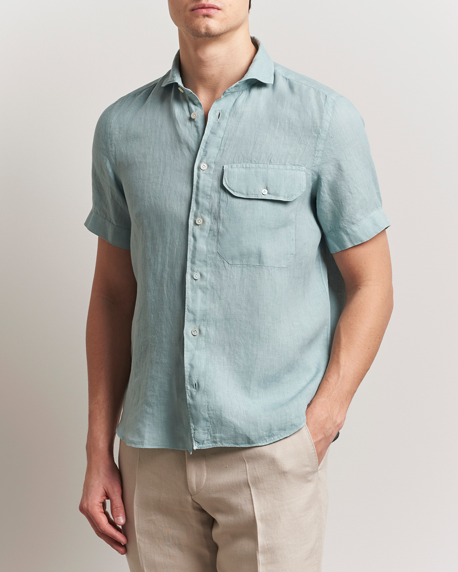 Uomini | Camicie | Finamore Napoli | Linen Short Sleeve Sport Shirt Teal