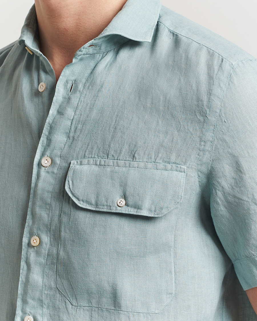 Uomini | Camicie | Finamore Napoli | Linen Short Sleeve Sport Shirt Teal