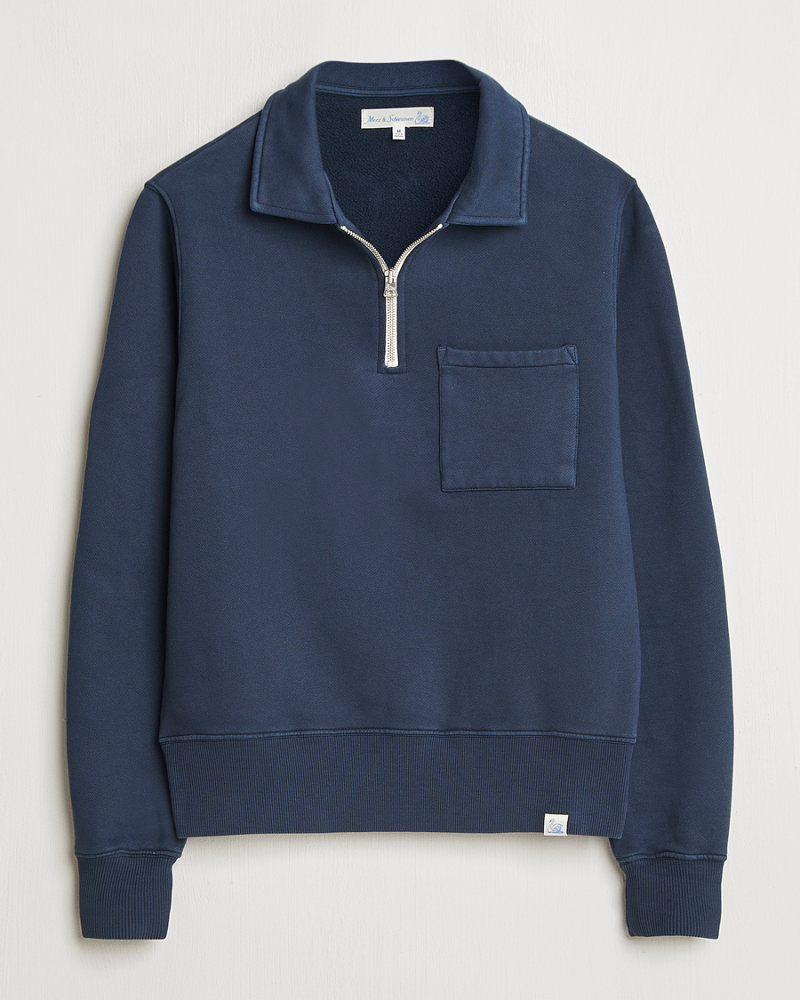 Uomini | Maglieria | Merz b. Schwanen | Relaxed Fit Vintage Fleece Half Zip Sweat Denim Blue