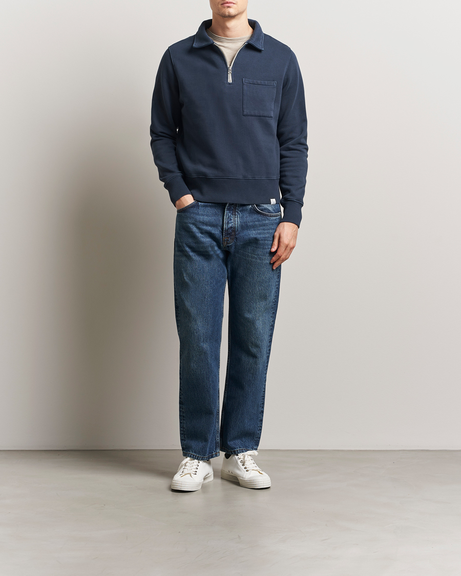 Uomini | Maglieria | Merz b. Schwanen | Relaxed Fit Vintage Fleece Half Zip Sweat Denim Blue
