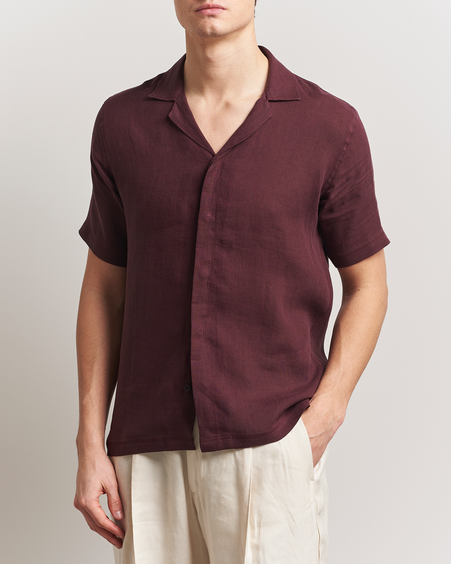 Uomini | Camicie | Orlebar Brown | Maitan II Short Sleeve Linen Shirt Damson