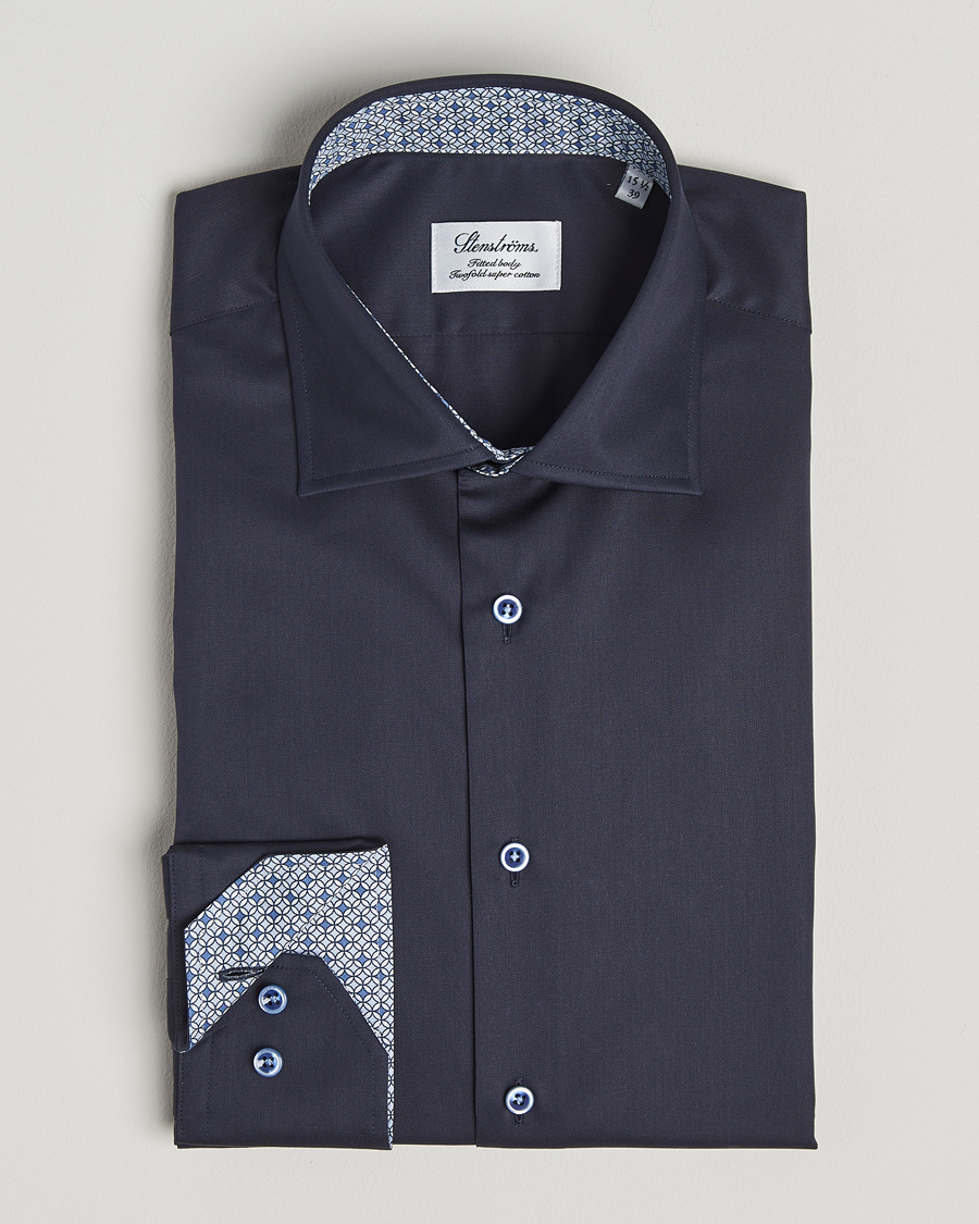 Uomini | Camicie | Stenströms | Fitted Body Contrast Cotton Twill Shirt Navy