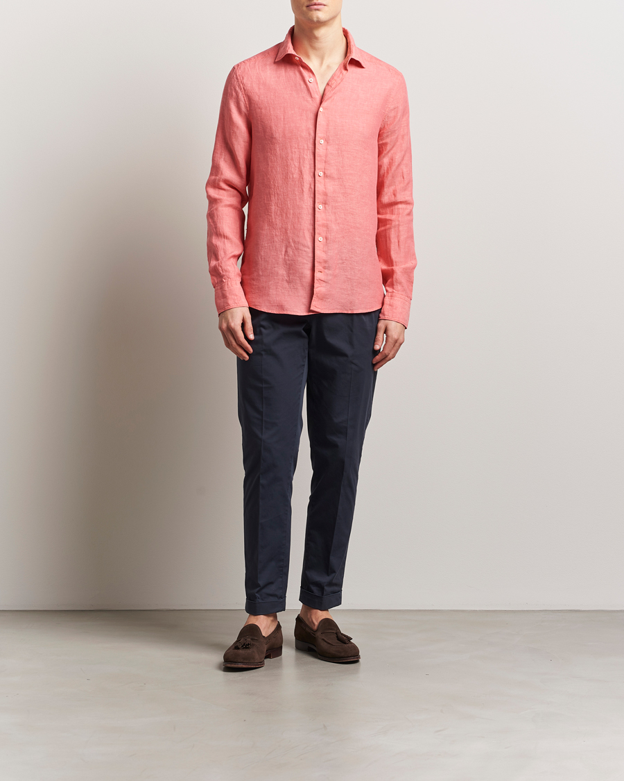 Uomini | Camicie | Stenströms | Slimline Cut Away Linen Shirt Rasberry