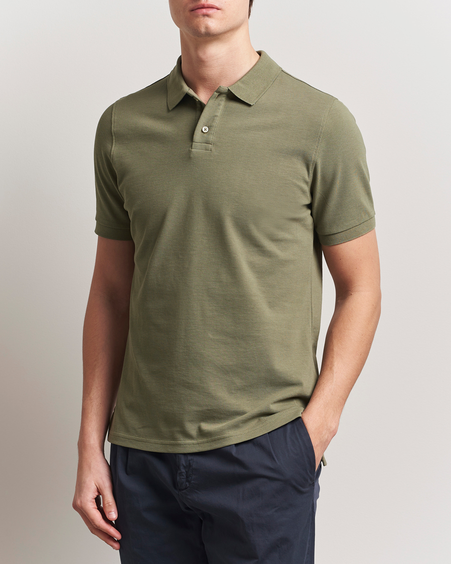 Uomini | Polo | Stenströms | Organic Cotton Piquet Polo Shirt Olive