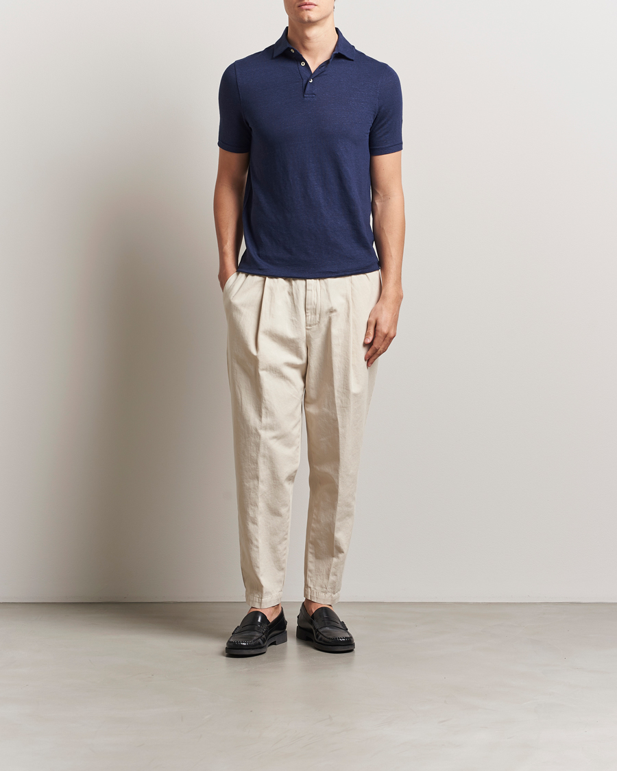 Uomini | Polo | Stenströms | Linen Polo Shirt Navy