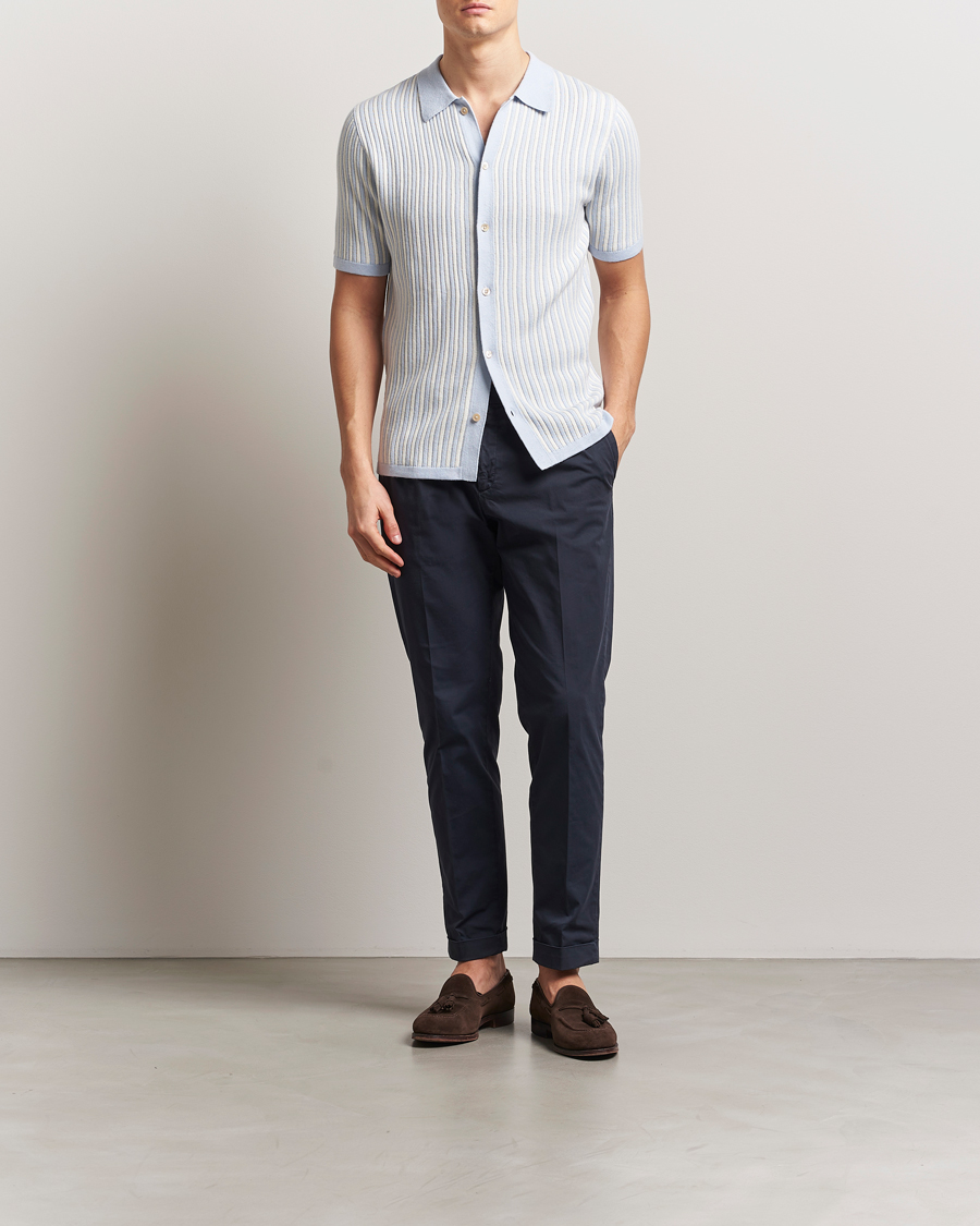 Uomini | Camicie | Stenströms | Knitted Buttonthru Polo Shirt White/Blue