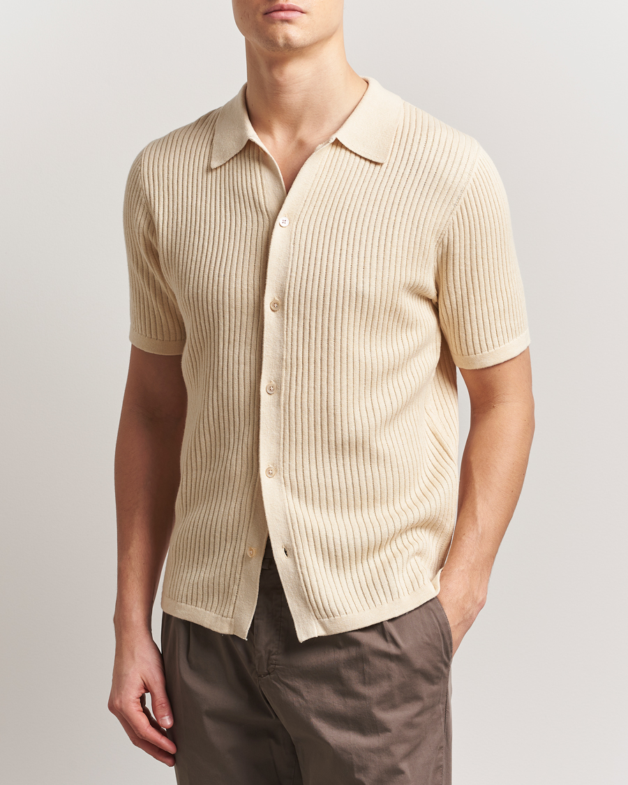 Uomini | Camicie | Stenströms | Knitted Buttonthru Polo Shirt Beige