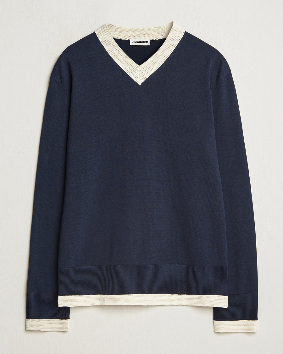 Uomini | Maglieria | Jil Sander | Contrast Trim V-Neck Sweater Navy