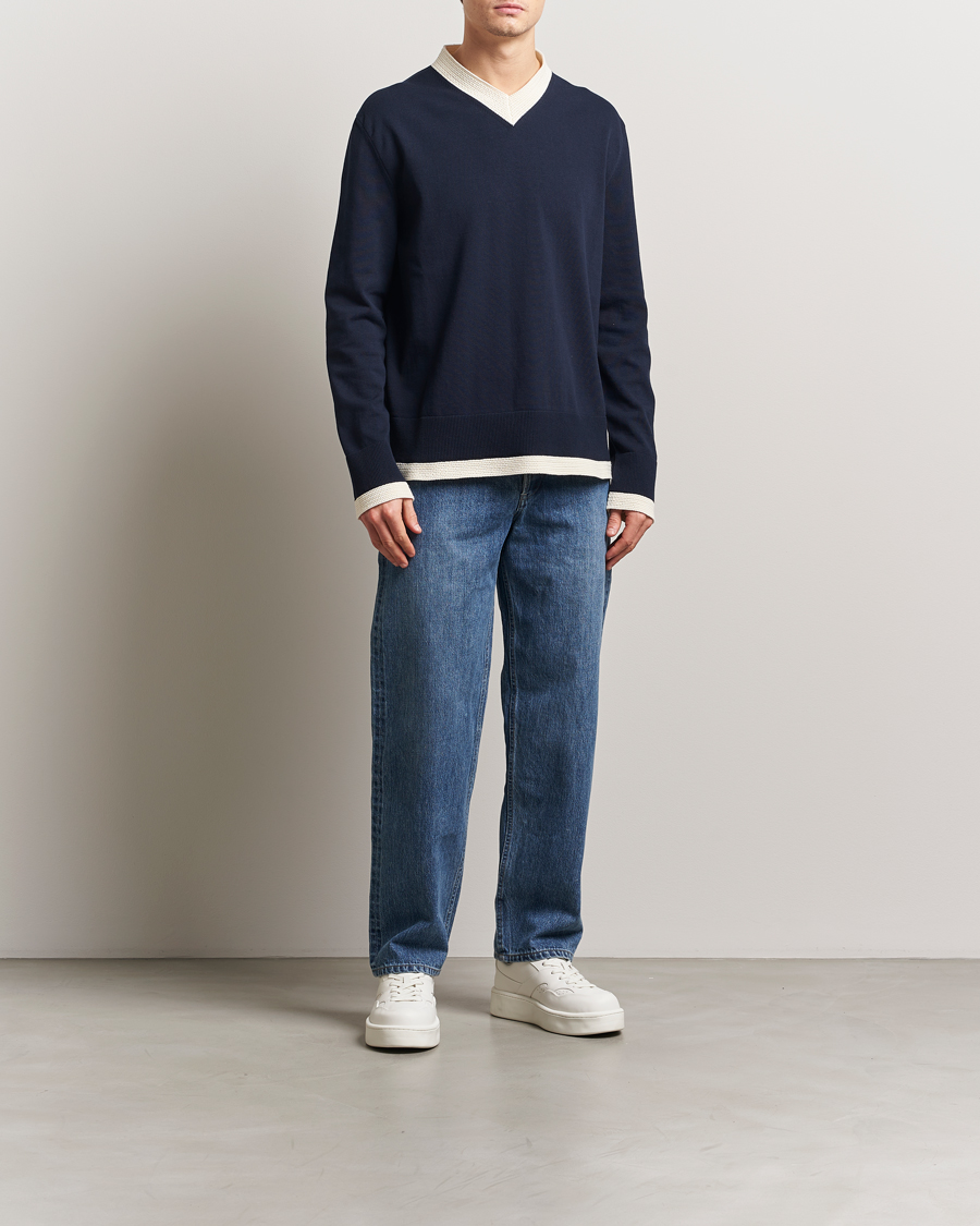 Uomini | Maglieria | Jil Sander | Contrast Trim V-Neck Sweater Navy