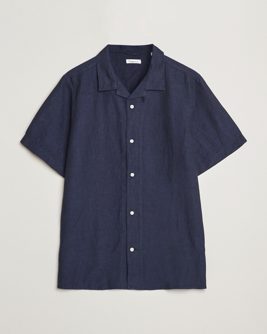 Uomini | Camicie | KnowledgeCotton Apparel | Short Sleeve Linen Resort Shirt Total Eclipse
