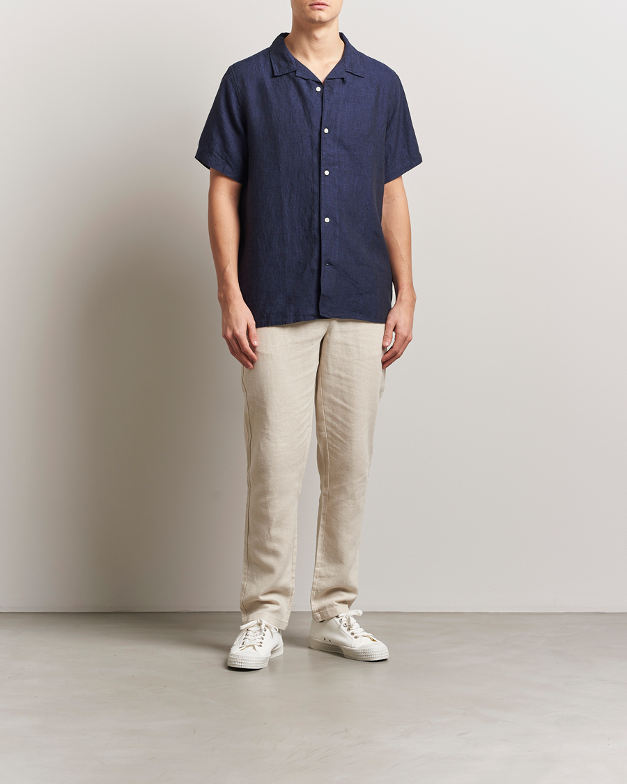 Uomini | Camicie | KnowledgeCotton Apparel | Short Sleeve Linen Resort Shirt Total Eclipse