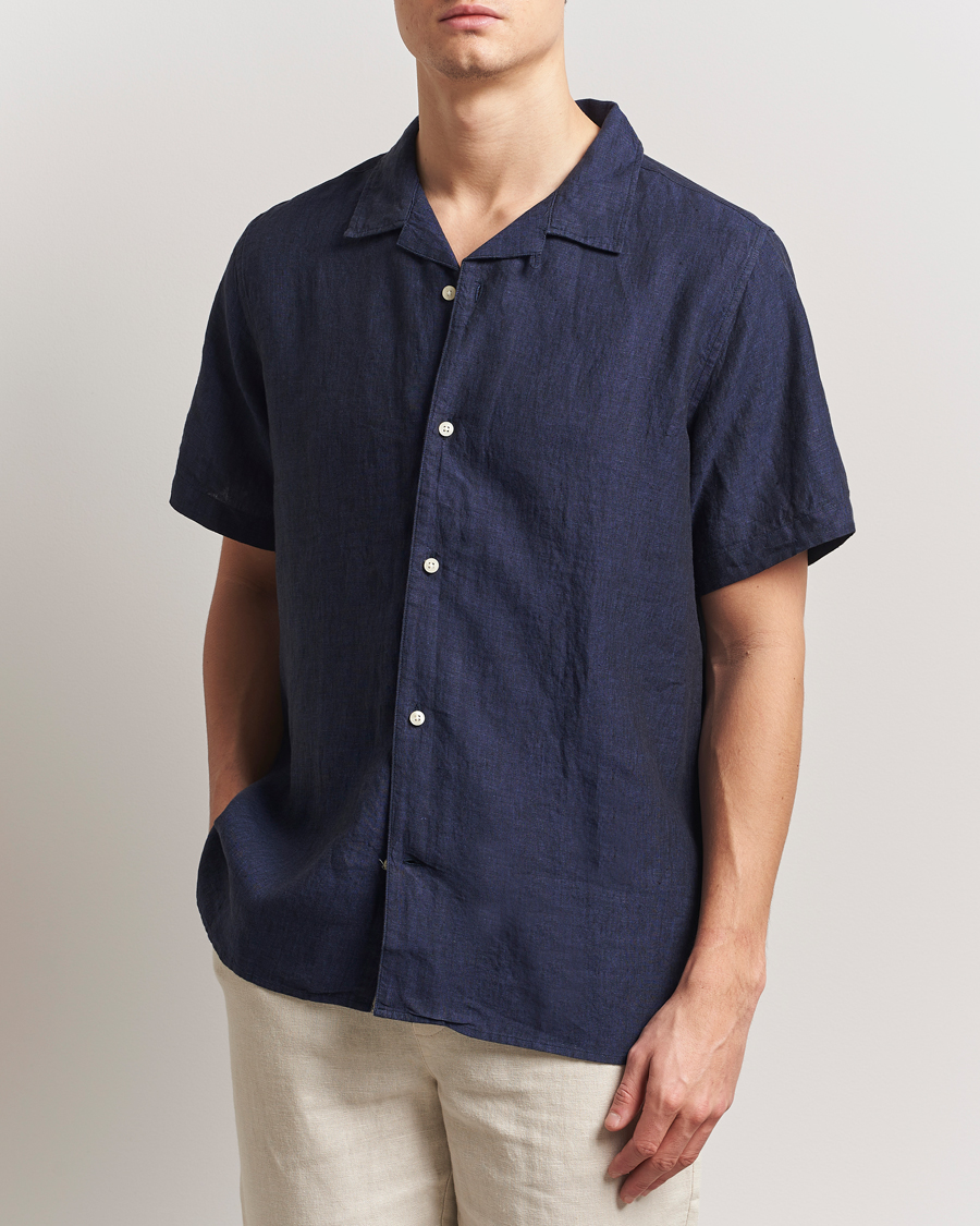 Uomini | Camicie | KnowledgeCotton Apparel | Short Sleeve Linen Resort Shirt Total Eclipse
