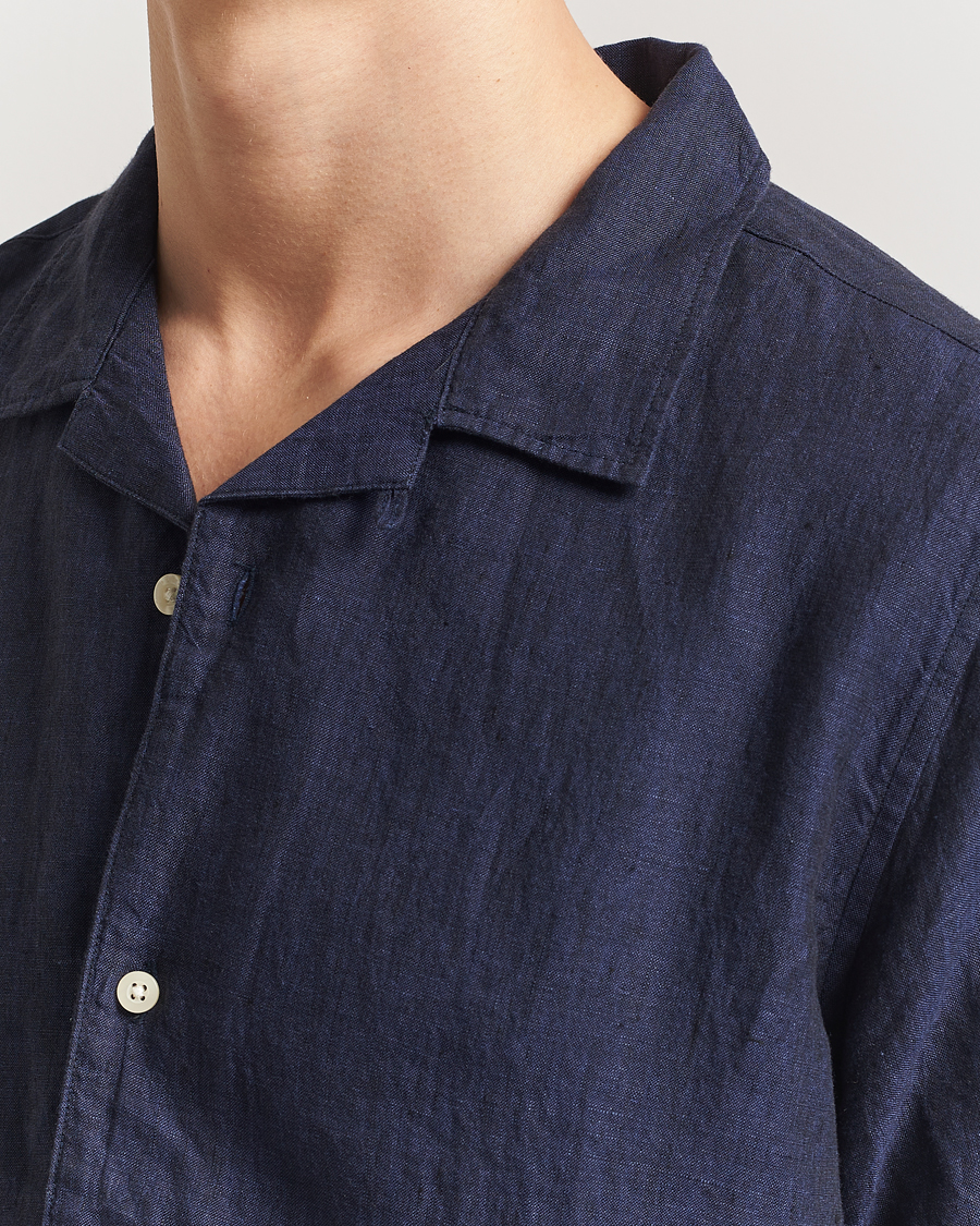 Uomini | Camicie | KnowledgeCotton Apparel | Short Sleeve Linen Resort Shirt Total Eclipse
