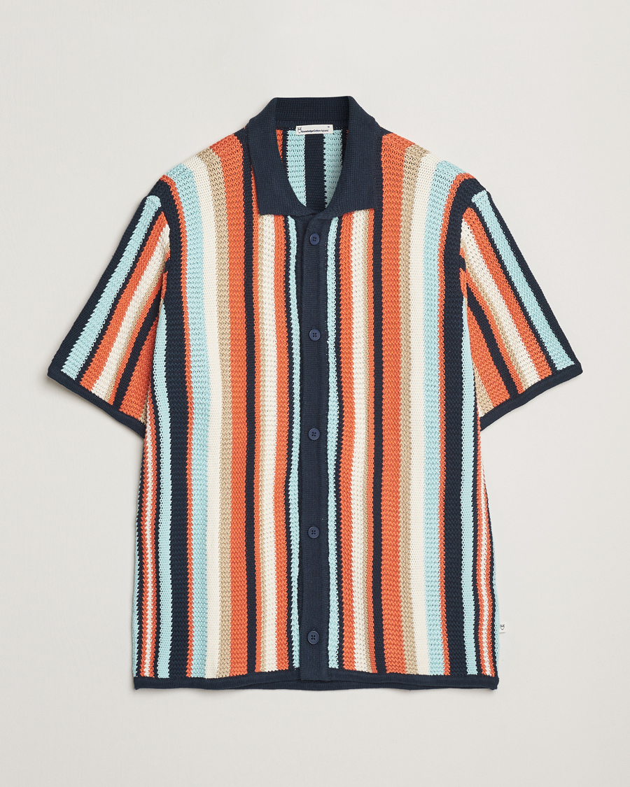 Uomini | Camicie | KnowledgeCotton Apparel | Knitted Multi Stripe Short Sleeve Shirt Blue
