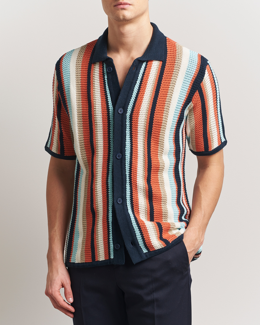Uomini | Camicie | KnowledgeCotton Apparel | Knitted Multi Stripe Short Sleeve Shirt Blue