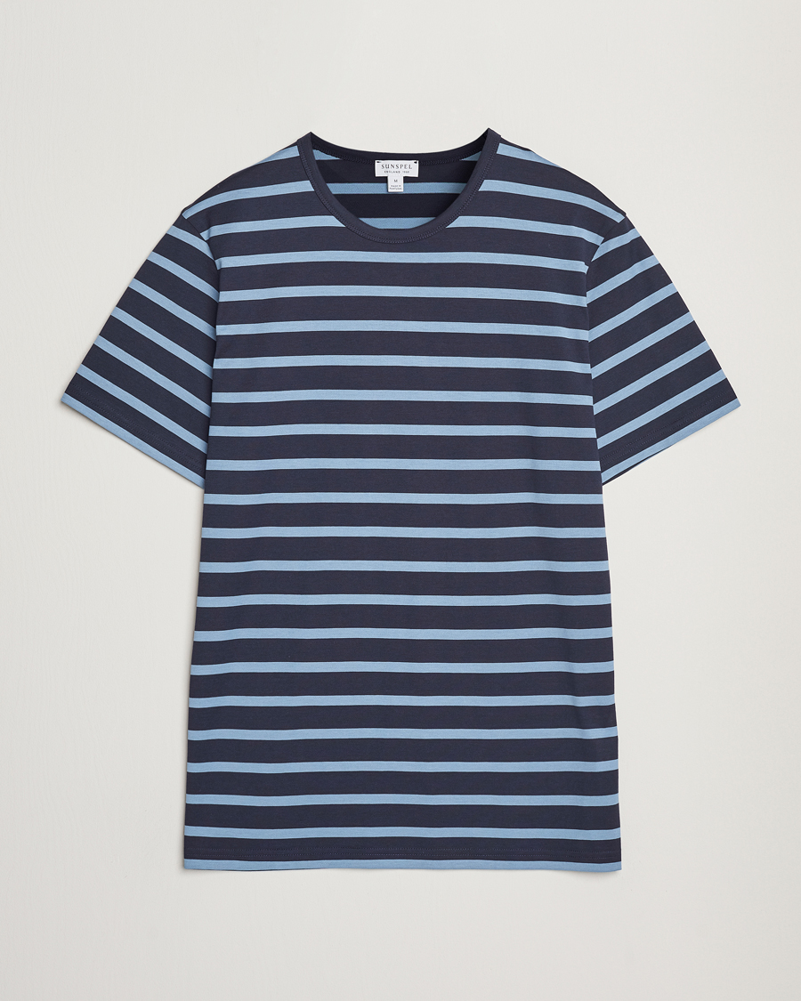 Uomini | T-shirt | Sunspel | Striped Crew Neck Q82 Cotton T-Shirt Navy/Como Blue