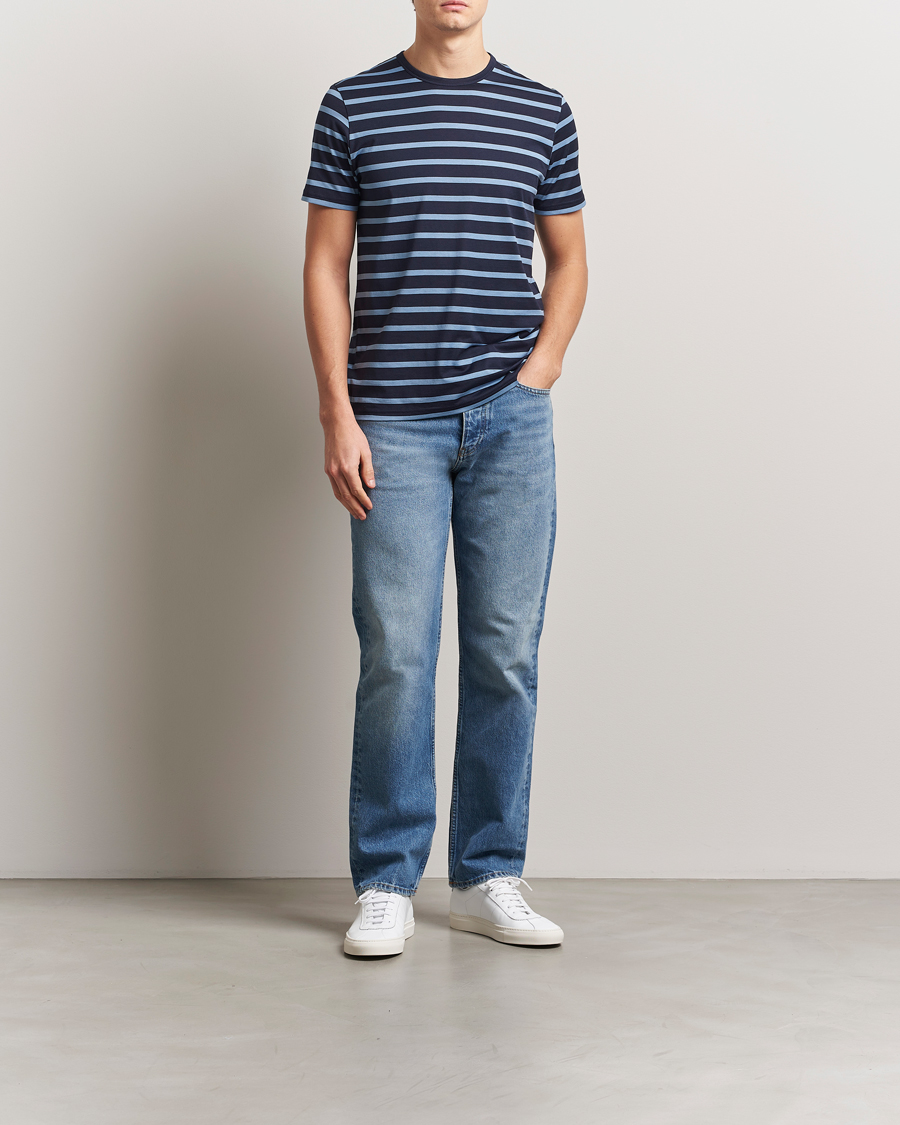 Uomini | T-shirt | Sunspel | Striped Crew Neck Q82 Cotton T-Shirt Navy/Como Blue