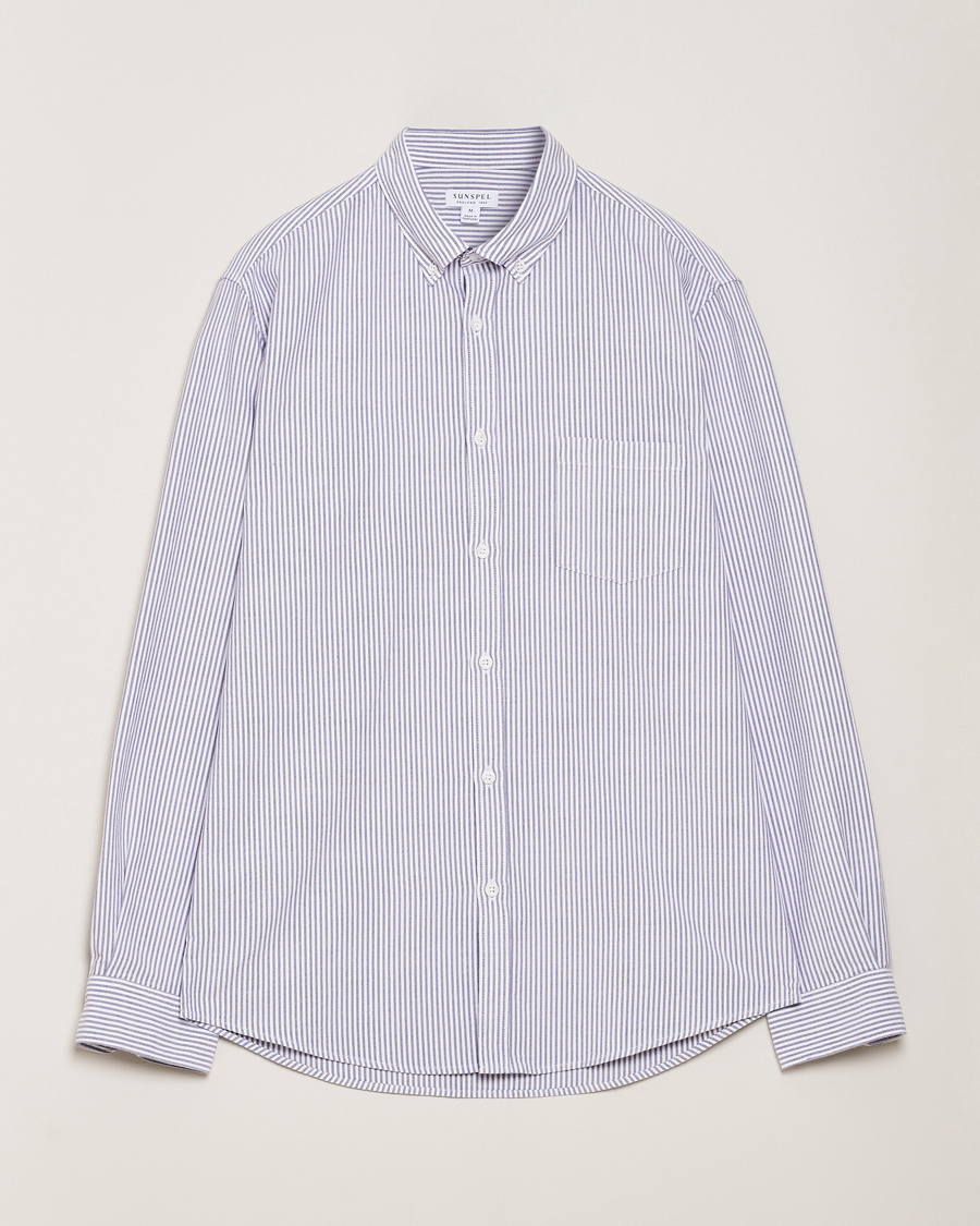 Uomini | Camicie | Sunspel | Striped Oxford Button Down Shirt White/Navy