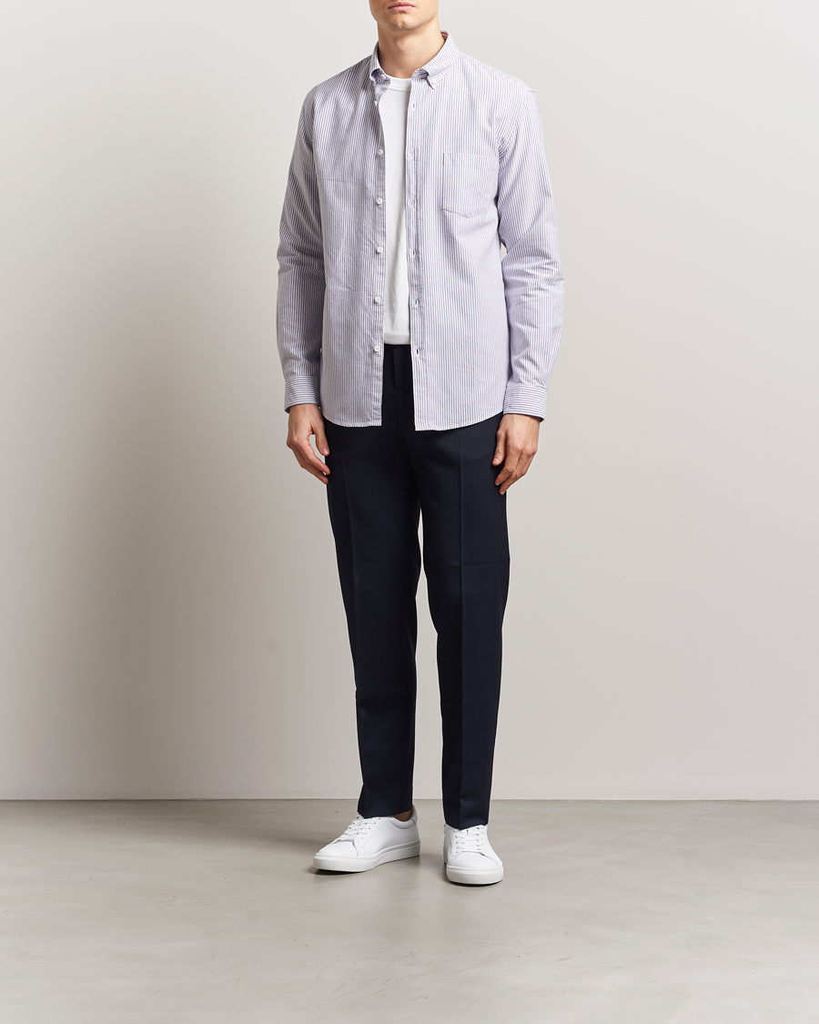 Uomini | Camicie | Sunspel | Striped Oxford Button Down Shirt White/Navy