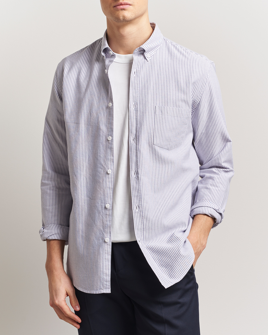 Uomini | Camicie | Sunspel | Striped Oxford Button Down Shirt White/Navy