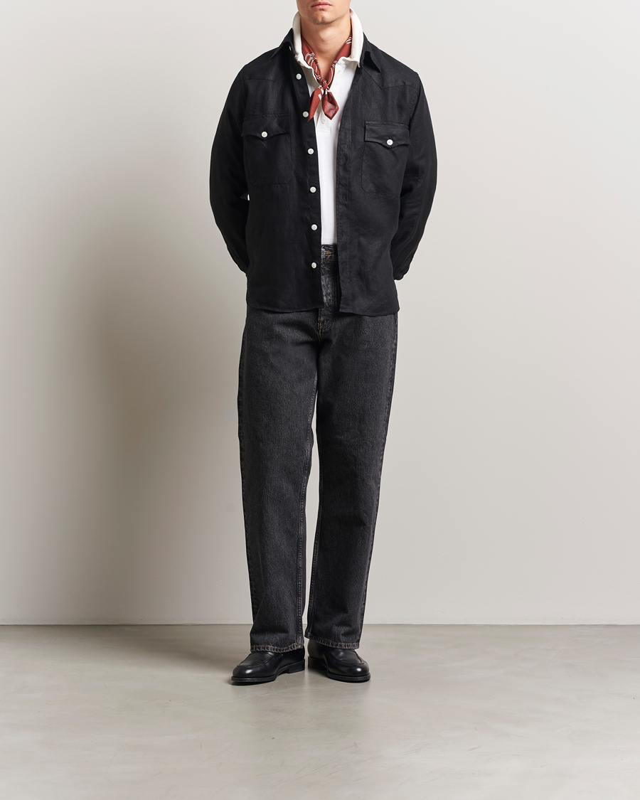 Uomini | Camicie | Drake's | Linen Twill Western Shirt Black