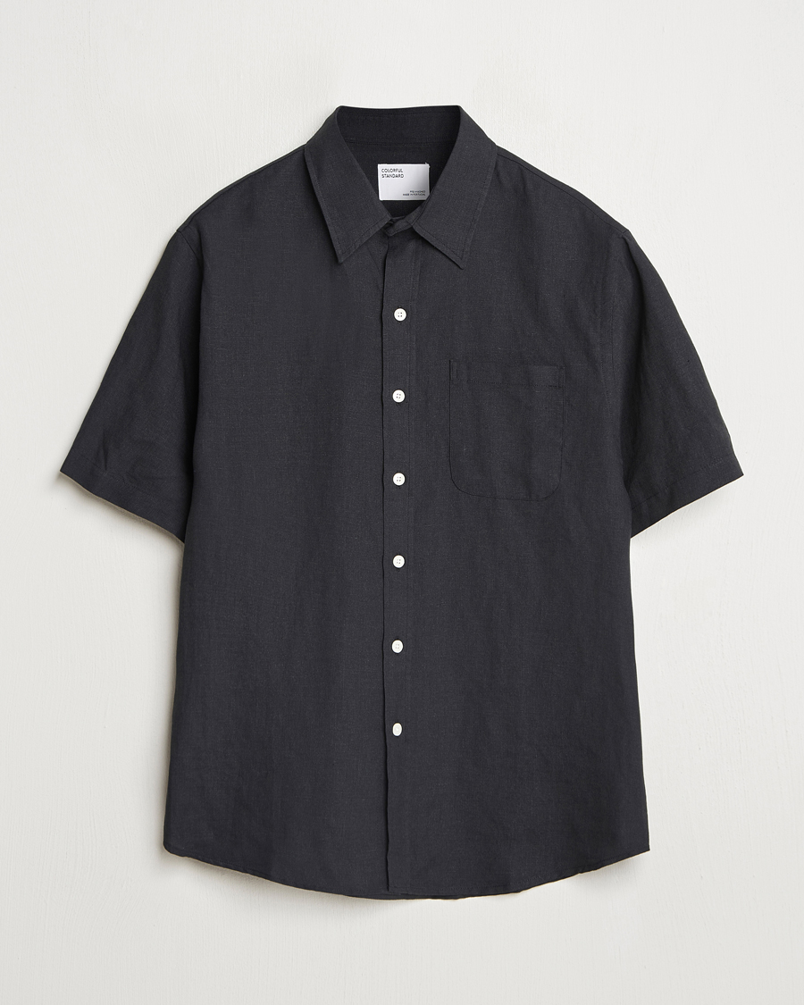 Uomini | Camicie | Colorful Standard | Garment Dyed Linen Short Sleeve Shirt Deep Black