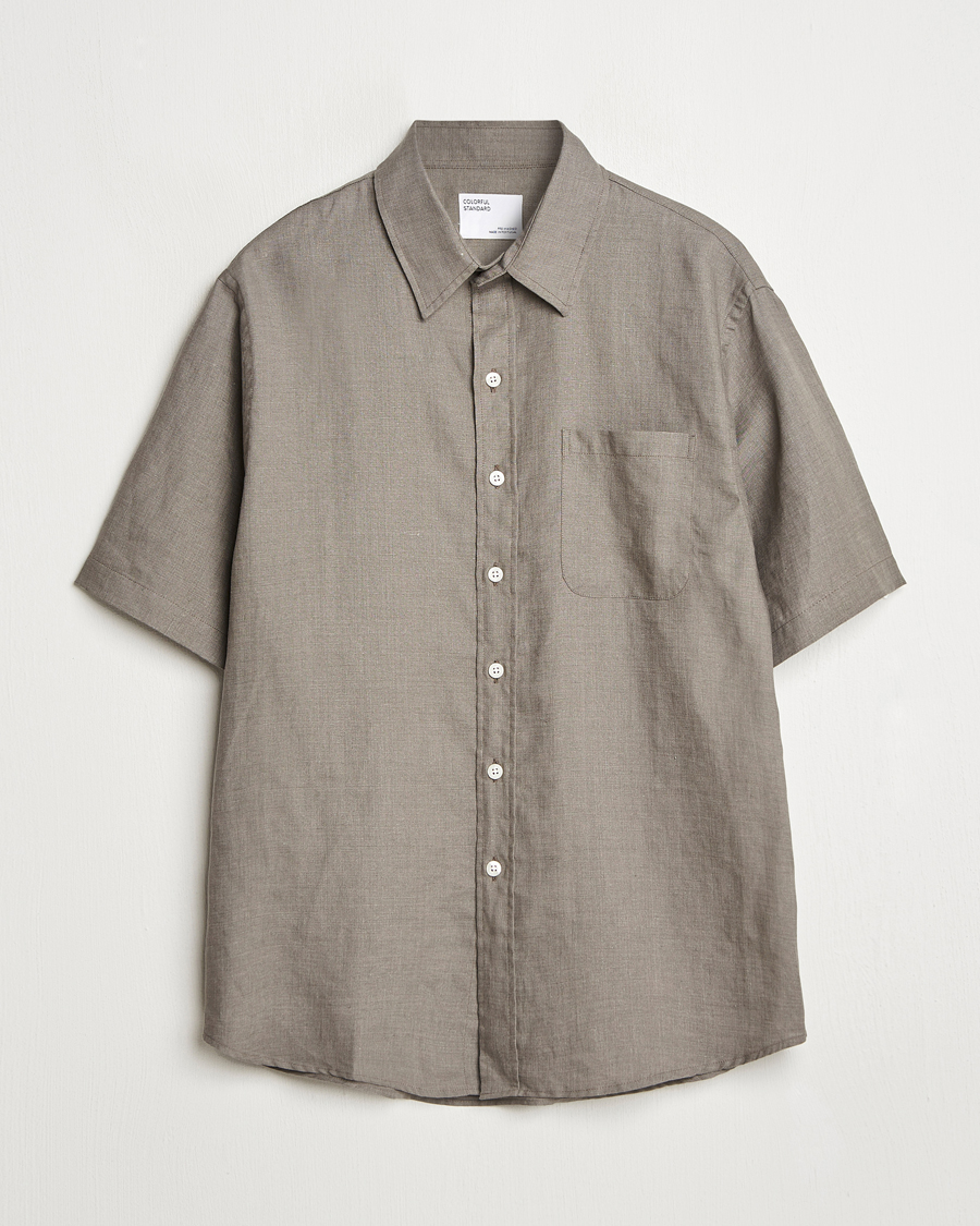 Uomini | Camicie | Colorful Standard | Garment Dyed Linen Short Sleeve Shirt Dusty Olive
