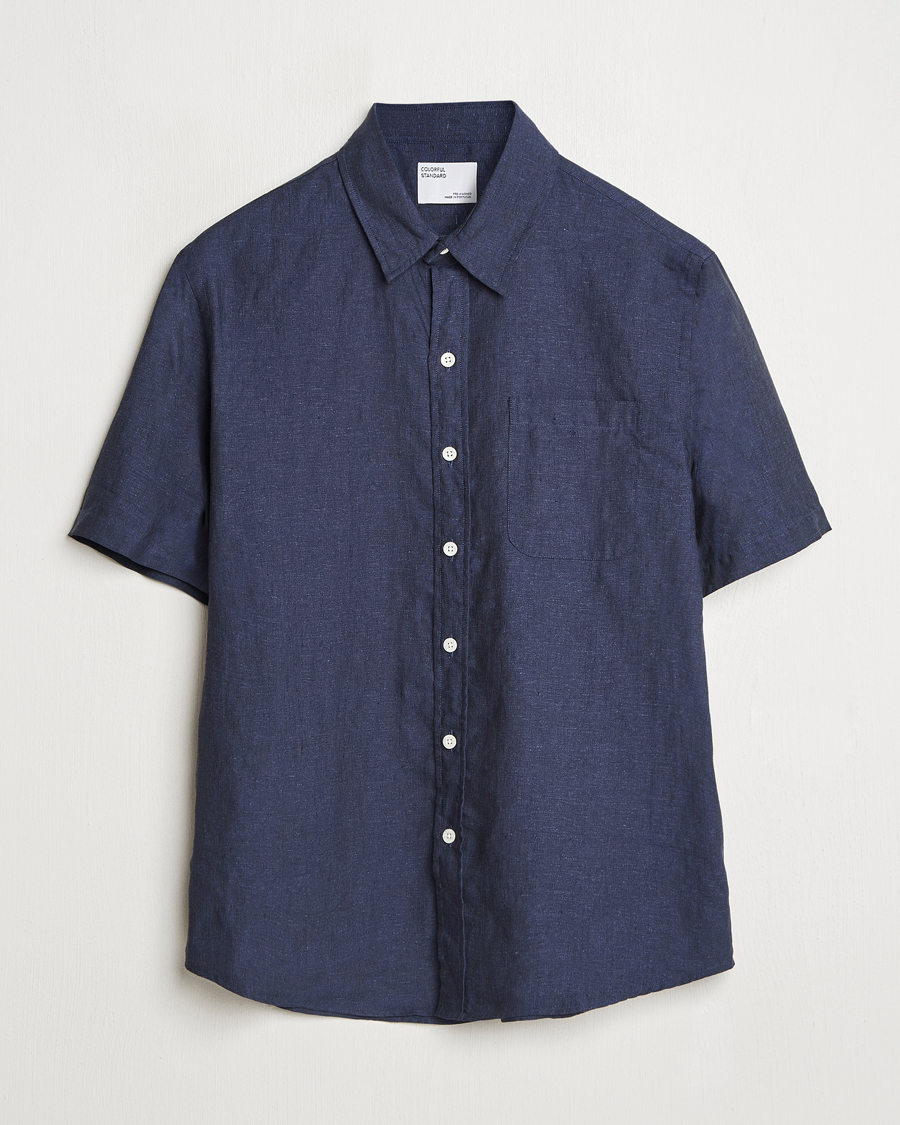 Uomini | Camicie | Colorful Standard | Garment Dyed Linen Short Sleeve Shirt Navy Blue