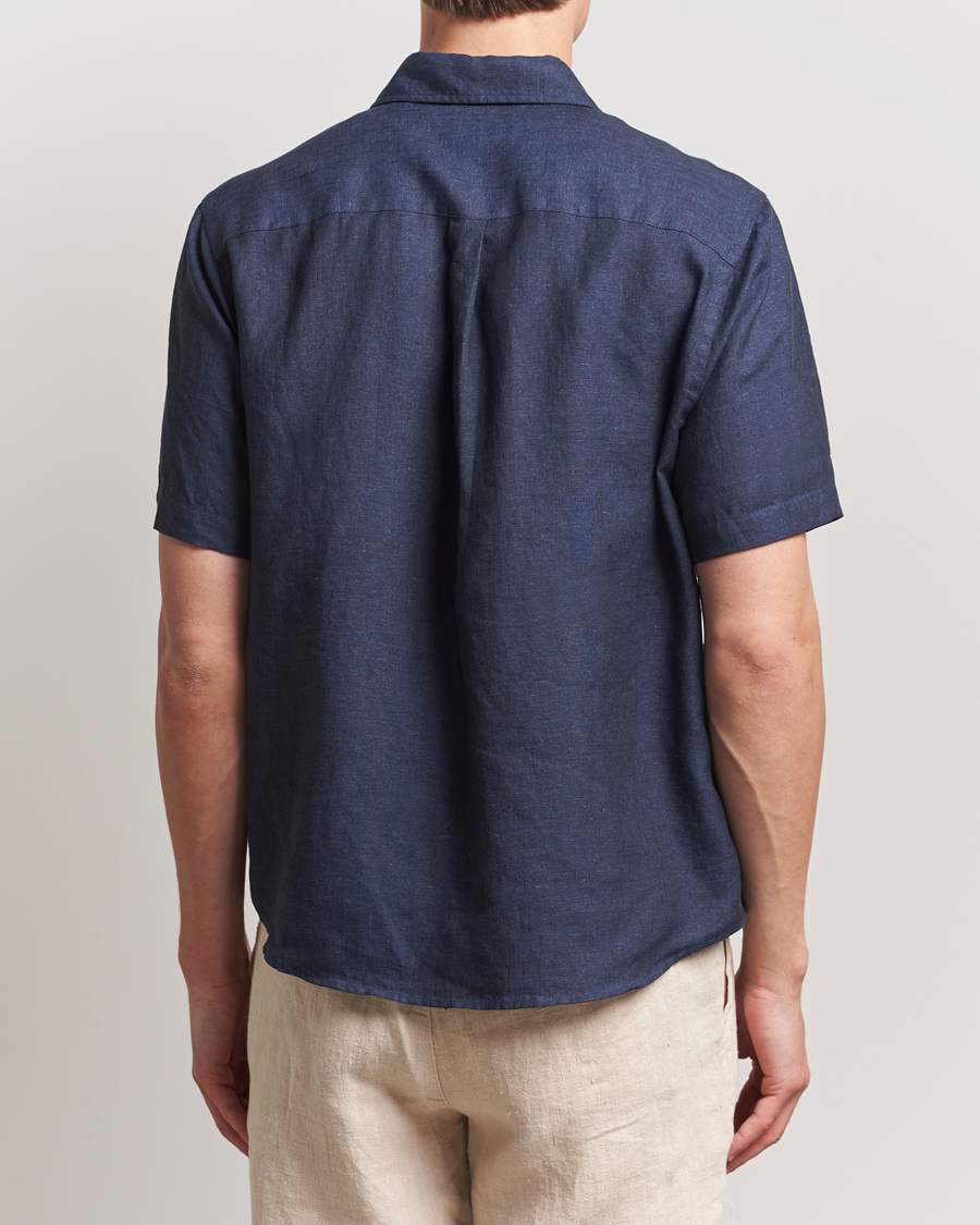 Uomini | Camicie | Colorful Standard | Garment Dyed Linen Short Sleeve Shirt Navy Blue
