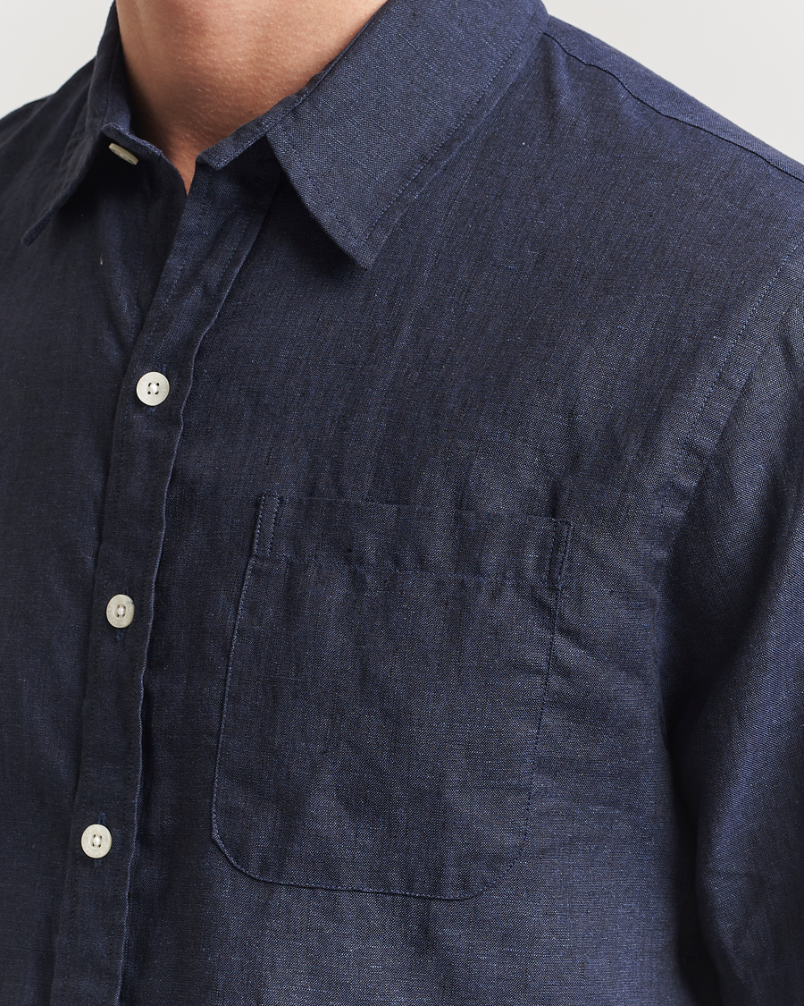 Uomini | Camicie | Colorful Standard | Garment Dyed Linen Short Sleeve Shirt Navy Blue