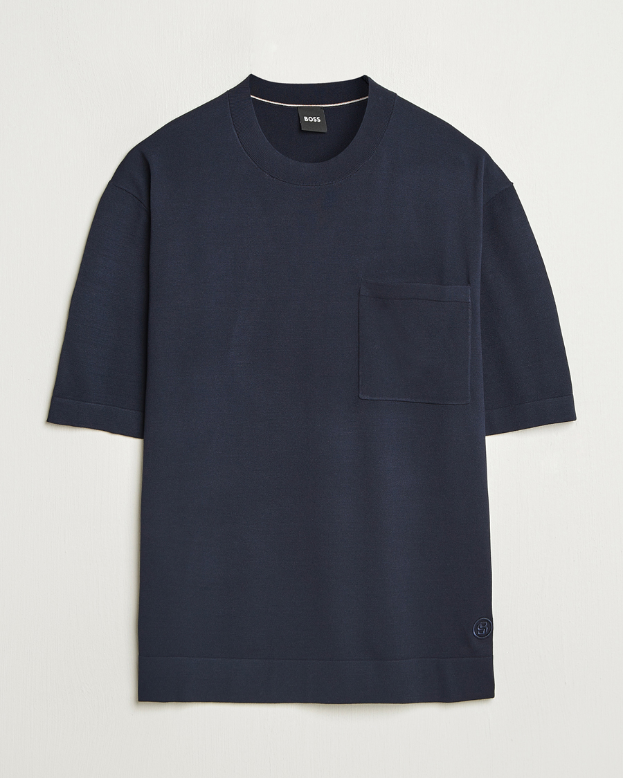 Uomini | T-shirt | BOSS BLACK | Jervaiso Cotton/Silk Knitted T-Shirt Dark Blue
