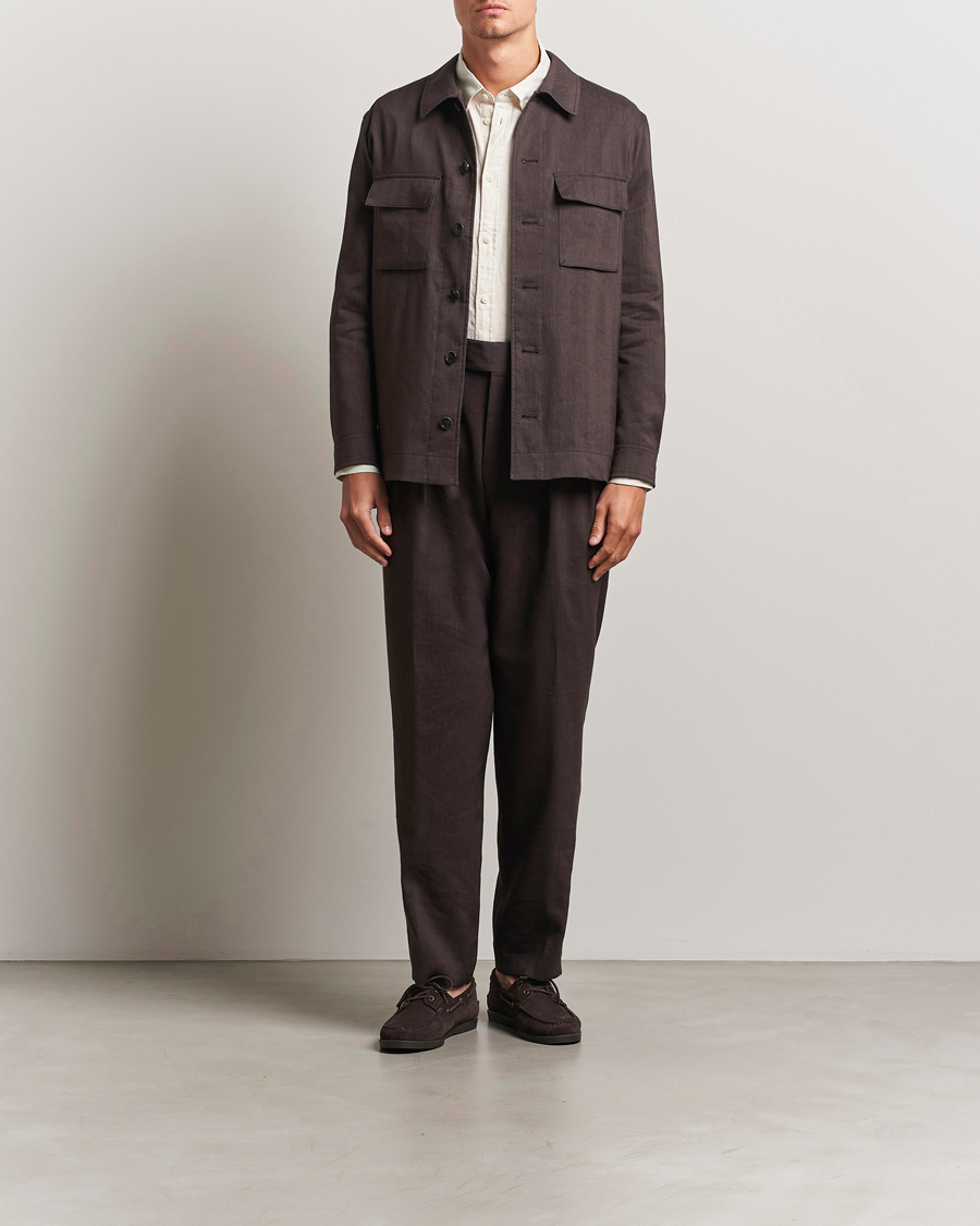 Uomini | Pantaloni | BOSS CAMEL | Port Linen Double Pleated Trousers Dark Brown