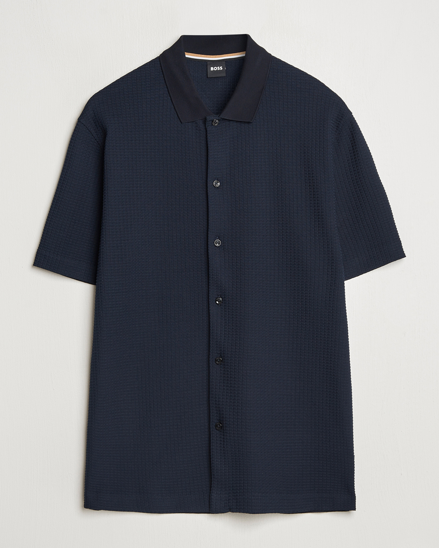 Uomini | Camicie | BOSS BLACK | Palladio Knitted Short Sleeve Shirt Dark Blue