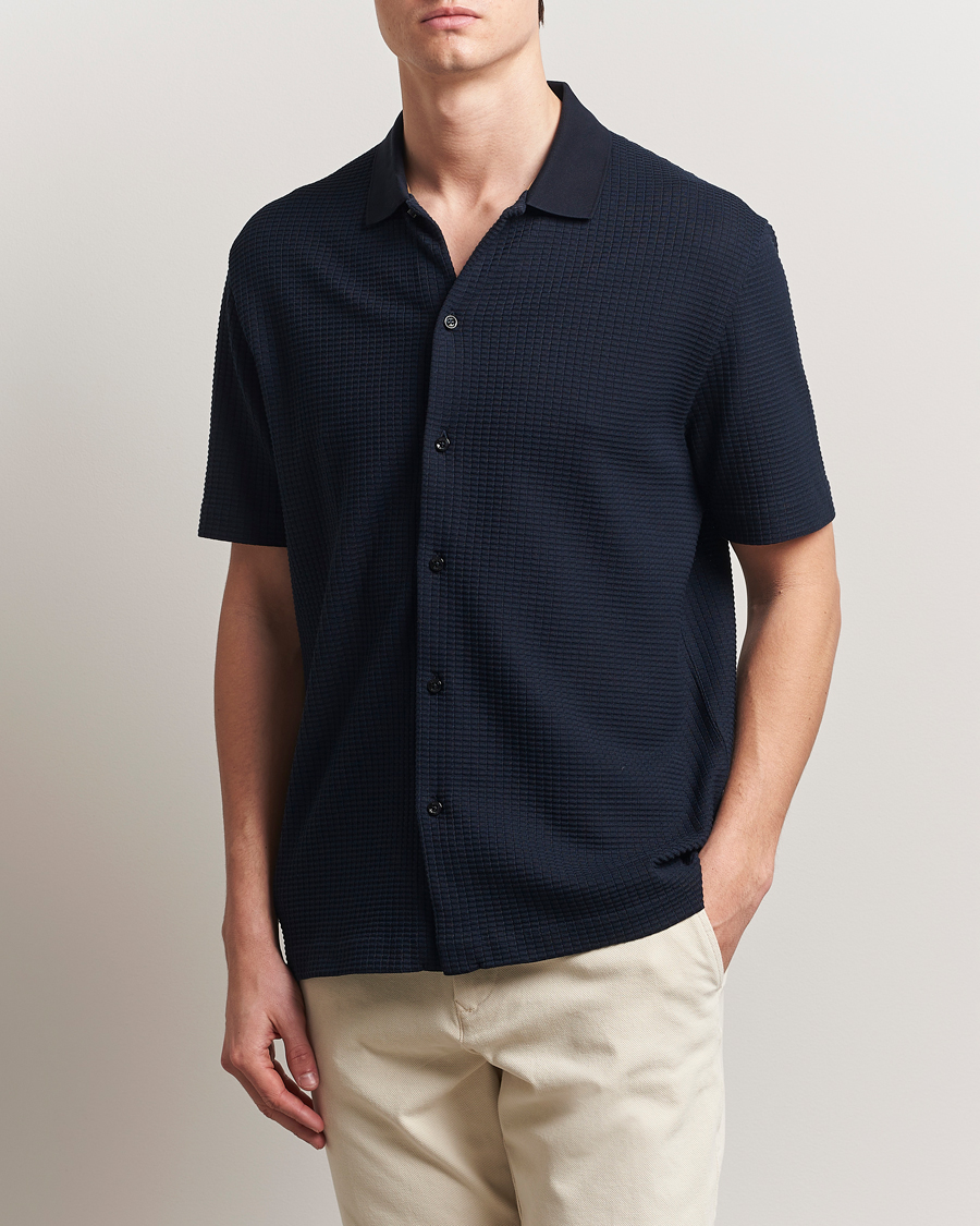 Uomini | Camicie | BOSS BLACK | Palladio Knitted Short Sleeve Shirt Dark Blue