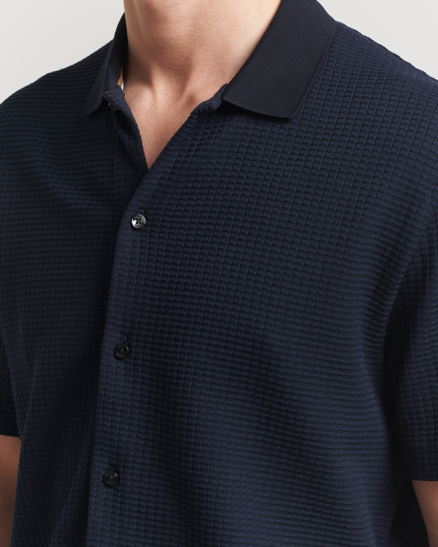 Uomini | Camicie | BOSS BLACK | Palladio Knitted Short Sleeve Shirt Dark Blue