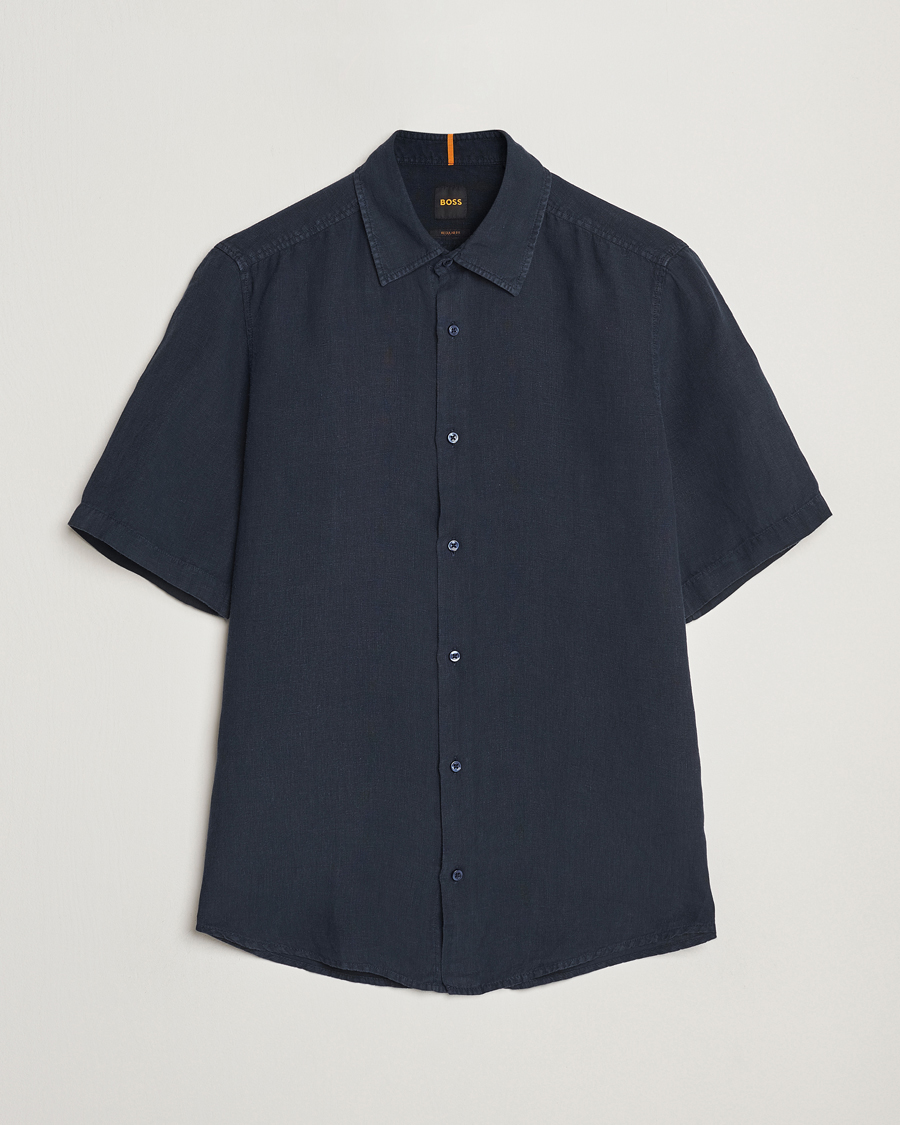 Uomini | Camicie | BOSS ORANGE | Rash Linen Short Sleeve Shirt Dark Blue