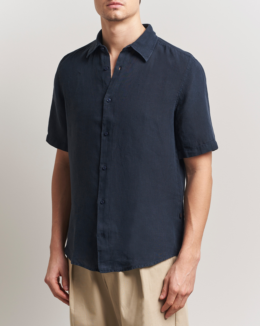 Uomini | Camicie | BOSS ORANGE | Rash Linen Short Sleeve Shirt Dark Blue