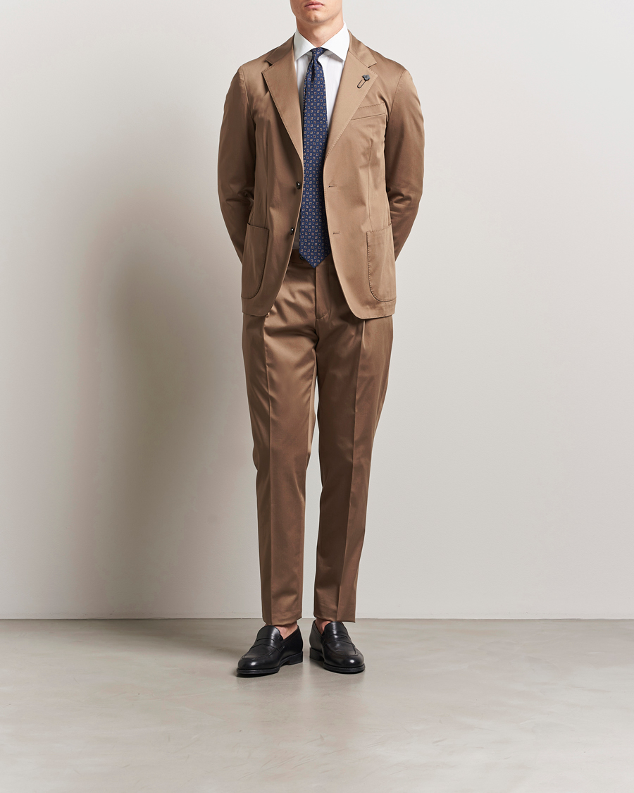 Uomini | Pantaloni | Lardini | Pleated Cotton Stretch Trousers Light Brown