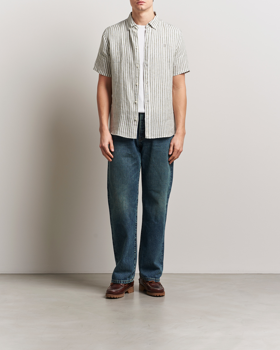Uomini | Camicie | LES DEUX | Kris Linen Short Sleeve Shirt Ivory/Green