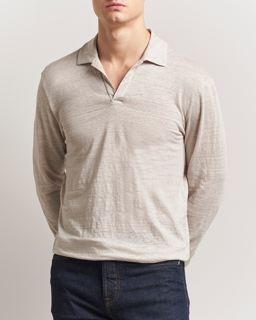 Uomini | Polo | Gran Sasso | Washed Linen Long Sleeve Polo Beige Melange