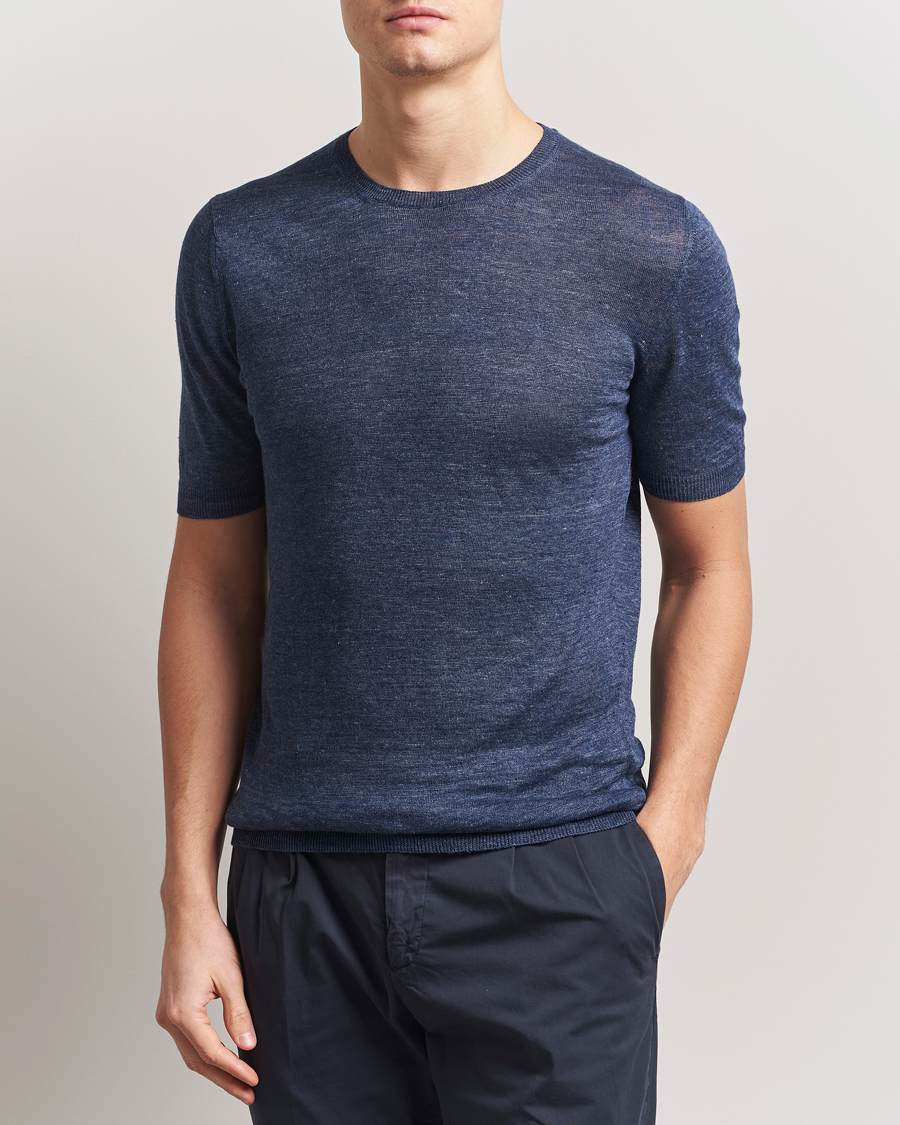 Uomini | T-shirt | Gran Sasso | Knitted Linen T-Shirt Navy Melange