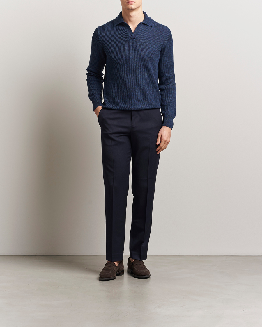 Uomini | Maglieria | Gran Sasso | Linen/Cotton Open Collar Knitted Polo Navy Melange