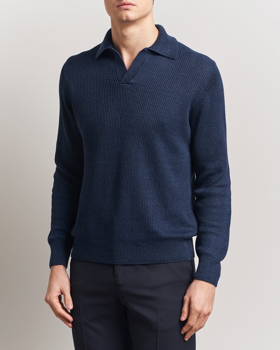 Uomini | Maglieria | Gran Sasso | Linen/Cotton Open Collar Knitted Polo Navy Melange