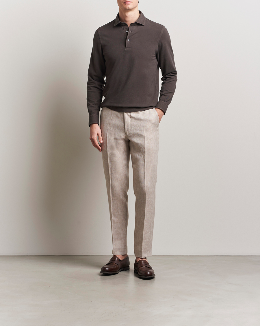 Uomini | Maglieria | Gran Sasso | Washed Long Sleeve Polo Dark Brown