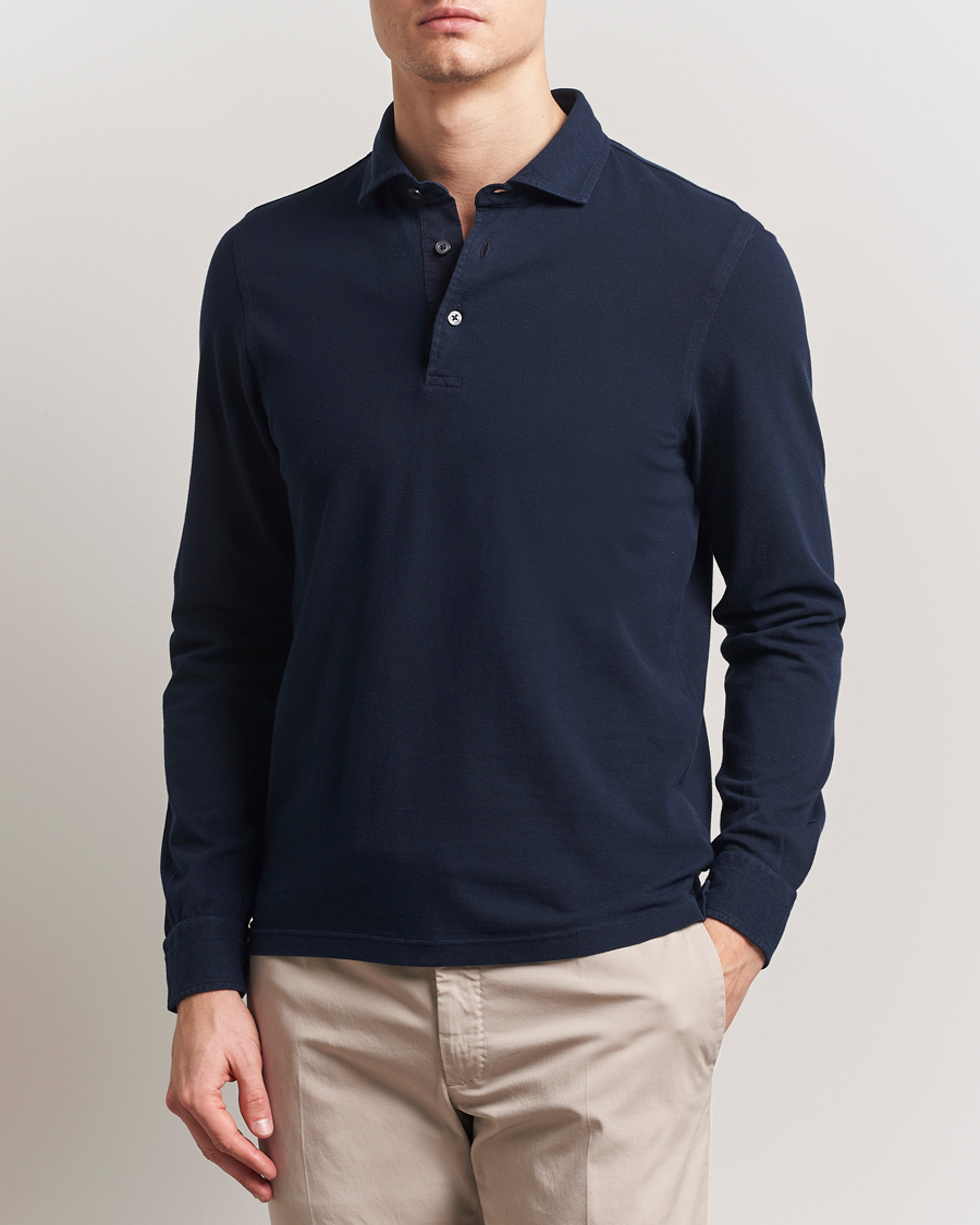 Uomini | Polo | Gran Sasso | Washed Long Sleeve Polo Navy