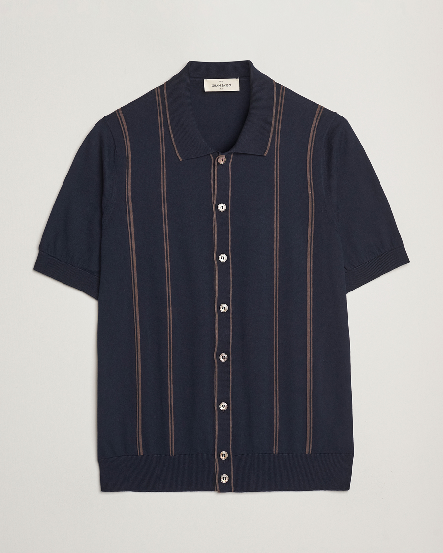 Uomini | Camicie | Gran Sasso | Cotton Knitted Striped Short Sleeve Shirt Navy