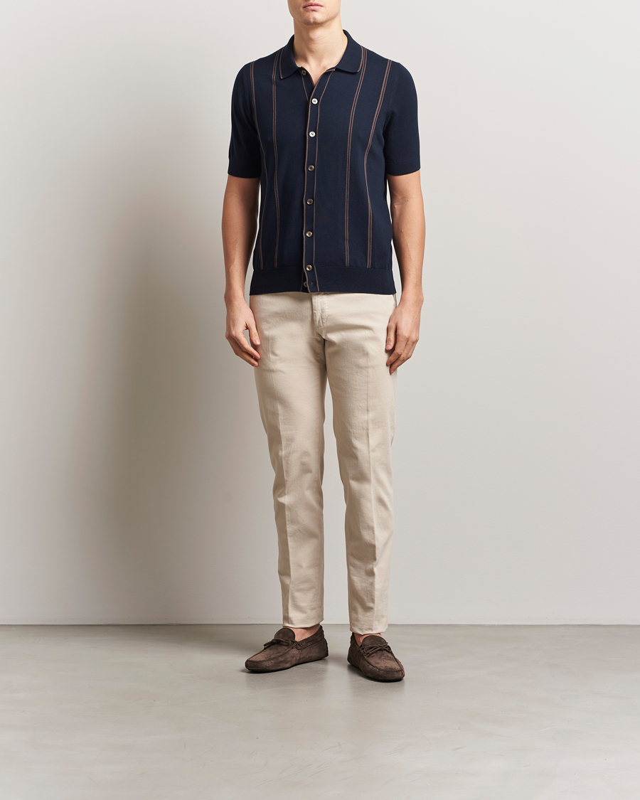 Uomini | Camicie | Gran Sasso | Cotton Knitted Striped Short Sleeve Shirt Navy